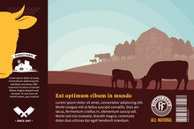 Vector Farm Fresh Beef Packaging Or Advertising Design Elements. Rural Landscape With Cows, Calves And Farm. Butcher Shop Or Cattle Farming Illustration