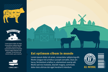 Wall Mural - Vector beef illustration. Rural landscape with cows, calves and farm. Beef cuts diagram. Butcher shop or cattle farming packaging and advertising design elements