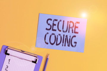 Conceptual hand writing showing Secure Coding. Concept meaning Applied to avoid the introduction of security vulnerabilities Clipboard holding paper sheet square page pen colored background