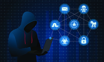 Hacker with Laptop or Computer and malware icons on Blue binary code Background. Computer hacker or Cyber attack concept vector illustration.
