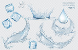 Set of blue vector water splashes, drops and ice cubes. Realistic transparent isolated vector illustration