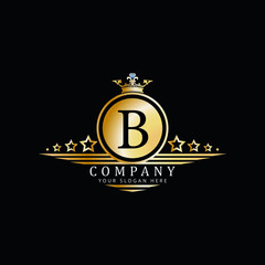 Wall Mural - B Luxury badge logo golden with crown and diamond