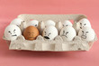 Group of white organic chicken eggs with angry faces and one brown chicken egg with crying face in carton box made from recycled paper. Red background. Theme of racism and intolerance in society.