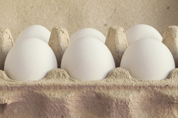 Group of white organic chicken eggs in open carton box made from recycled paper. Theme of using recycled materials