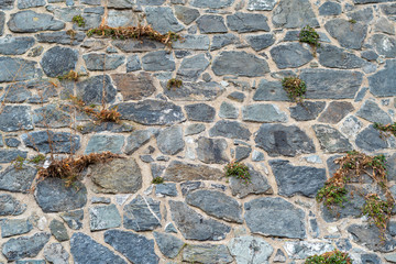 Wall Mural - Ancient wall of irregular stones with moss sprouted from crevices