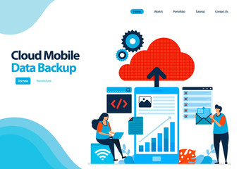 landing page template of backup mobile work data and personal documents to cloud computing. mobile online secure with cloud technology. illustration for ui ux, website, web, mobile apps, flyer, ads