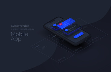 Payment system for mobile applications. Web page created from separate blocks. User experience, user interface. Layouts of the mobile application by layers. Modern vector illustration isometric style.