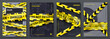© SpicyTruffel - Caution tape posters. Set of banners with yellow danger tape and warning signs for party flyers. Vector placards with safety ribbons design template, fashion style retro danger alert zone
