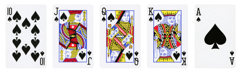 Spades Suit Playing Cards, Set include Ace, King, Queen, Jack and Ten - isolated on white.