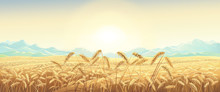 Rural Landscape With Wheat Field With Mountains And Sunrise On Background. Raster Illustration.