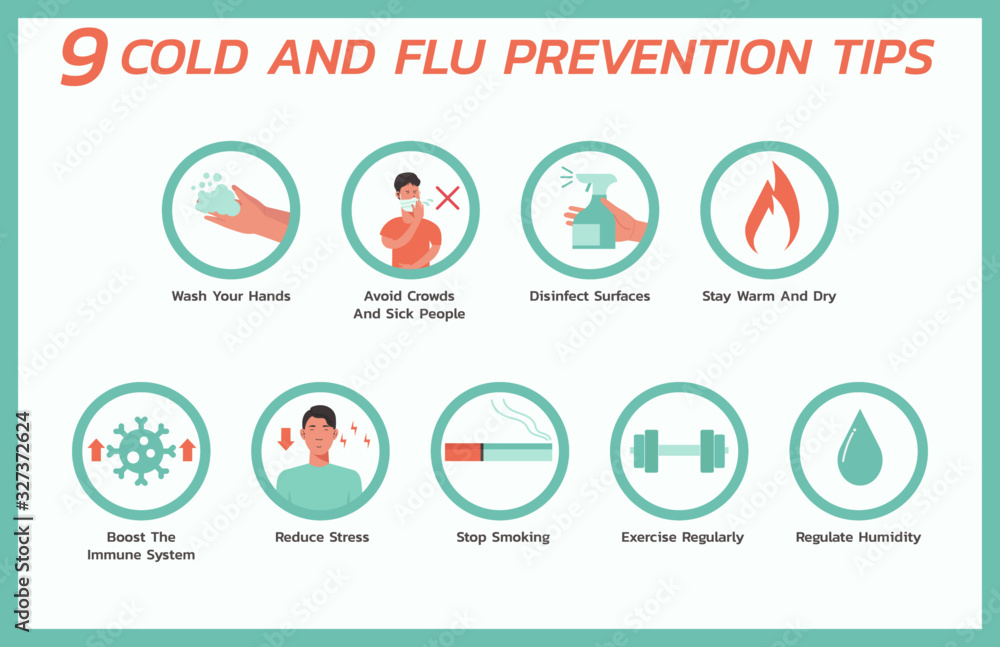 nine cold and flu prevention tips infographic, healthcare and medical ...