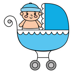 Poster - cute little boy in baby cart transportation vector illustration design