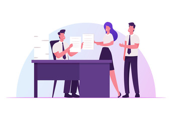 Company Boss Sitting at Office Desk Giving Tasks to Business Employees Delegating Responsibilities. Leadership, Authority, Effective and Productive Management Concept Cartoon Flat Vector Illustration