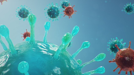 Wall Mural - Outbreak of coronavirus, flu virus and 2019-nCov. Concept of a pandemic, epidemic for human cells. COVID-19 under the microscope, pathogen affecting the respiratory system, 3d illustration