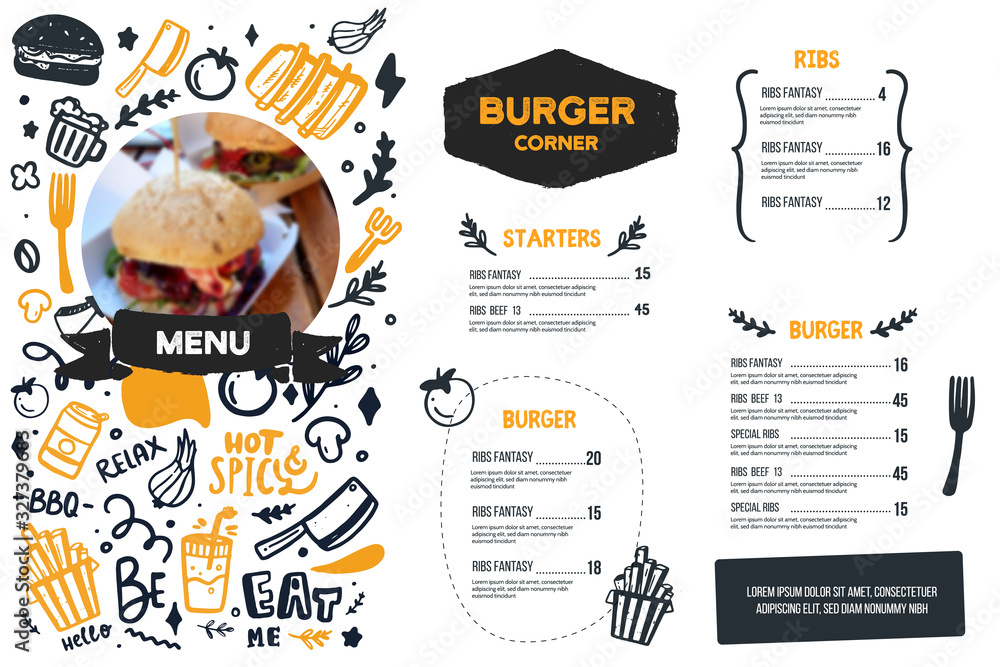 Burger menu with doodle icons and sketch burger, food background, cafe design, grill brochure, cooking flyer - obrazy, fototapety, plakaty 
