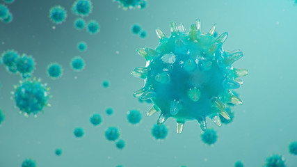 Wall Mural - 3D illustration Coronavirus concept under the microscope. Spread of the virus within the human. Epidemic, pandemic affecting the respiratory tract. Fatal viral infection