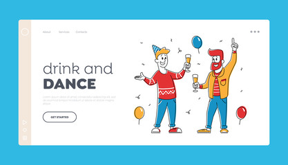 Wall Mural - Birthday Party or Festive Event Website Landing Page. Men Holding Glasses with Champagne Celebrate Holiday Drinking Alcohol and Communicate Web Page Banner. Cartoon Flat Vector Illustration, Line Art