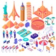 Collection of adventure touristic decorative design elements isometry vector graphic illustration. Set of different colorful travel people, flag, attraction, fruit and suitcase isolated on white