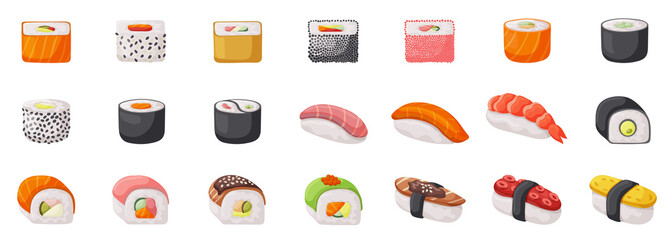 Sushi isolated vector set icon. Vector illustration japanese food on white background . Cartoon set icon roll.