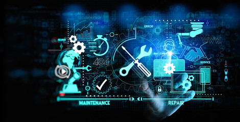 hand touching maintenance and repair about assistance and servicing of equipments.