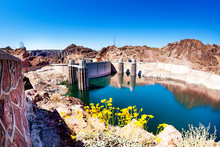 Reservoir Lake Panorama Of Concrete Hoover Dam In The Black Canyon Of The Colorado River On Nevada Arizona Border