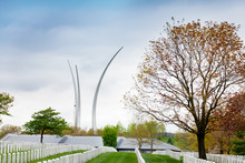 Air Force Memorial In Arlington Over Military Cemetery Rows Of Tombstones