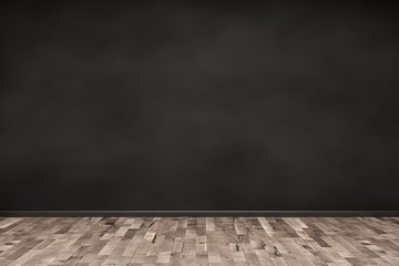 Empty room with blank black wall and brown hardwood floor - presentation or gallery architecture background element