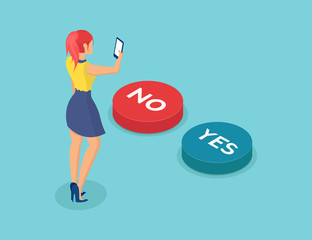 Vector of a woman with smartphone making an yes or no choice  in an online poll