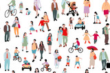 Fototapeta  - Crowd of people  illustration, seamless pattern of kids, men and women