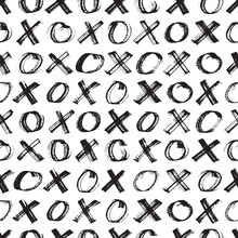 Tic Tac Toe Game Seamless Pattern. Vector Abstract Pattern With Cross Marks And Circles. Hand Painted Background. Black Elements On White Background