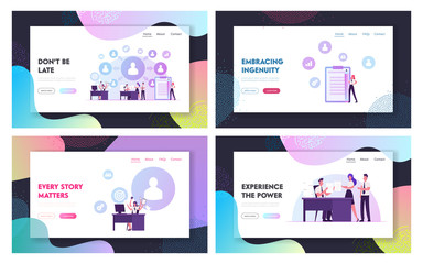 Wall Mural - Delegation of Responsibilities, Productivity and Working Efficiency Website Landing Page Set. Business Leaders Consign Work to Employees in Office Web Page Banner. Cartoon Flat Vector Illustration