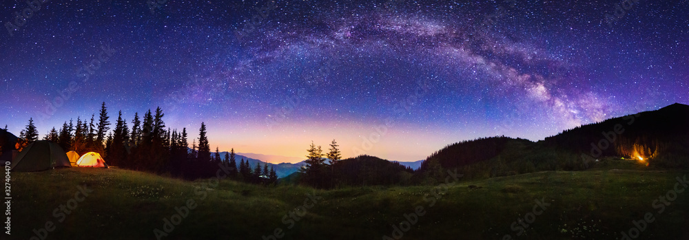 starry panorama in the mountains - obrazy, fototapety, plakaty 