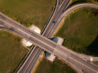 Aerial Top View of highway intersection junction summer morning