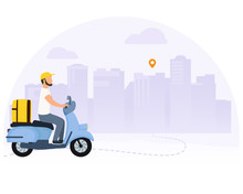 Food Delivery Vector Illustration. Courier Man On Scooter With Yellow Parcel Box On The Back. Route With Dash Line Trace And Finish Point. Cityscape On Background.