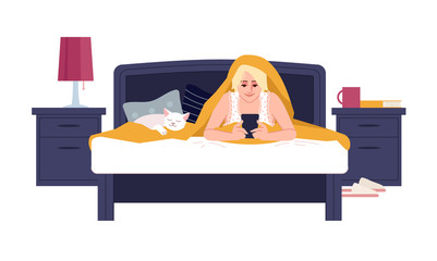 Canvas Print - Girl in bed under blanket with head semi flat RGB color vector illustration. Lady having rest. Young woman lying in bedroom using smartphone, chatting isolated cartoon character on white background