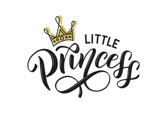 Little princess vector isolated on white with golden crown. Little princess lettering design as logo, t-shirt design and print for girls clothes and apparel. Princess emlem, label, tag