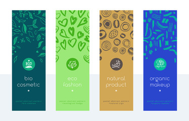 Wall Mural - Organic makeup banners set. Cream label design. Natural cosmetics for vertical banner. Eco friendly badges. Abstract herbs pattern. Flyer template of beauty products. Bio cosmetic tag backgrounds.