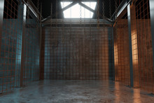 3d Rendering Of Abstract Industrial Hall With Rusty Mesh And Hanging Chains