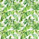 Fototapeta Sypialnia - Watercolor seamless pattern, tropical leaves on an isolated background, watercolor painting, botanical illustration, floral design, banana palms, monstera.