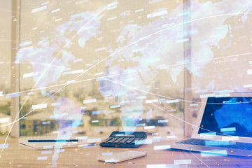 double exposure of desktop computer and technology theme hologram. concept of software development.