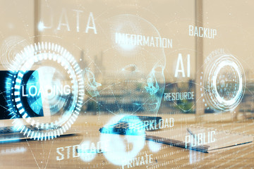 double exposure of desktop computer and technology theme hologram. concept of software development.