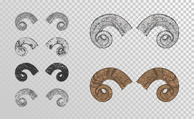 Wall Mural - Vector set of hand drawn horns ram with grunge elements in different versions on a transparent background.