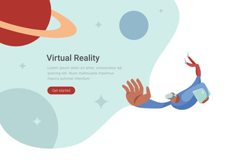 Virtual Reality VR Technology flat vector design illustration. Man in Virtual Glasses flying in space with planets.