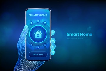 Wall Mural - Smart home. Automation control system concept. Futuristic interface of smart home automation assistant on a virtual screen. Closeup smartphone in wireframe hand. Vector illustration.