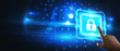 © putilov_denis - Business, technology, internet and networking concept. Young businessman working in the office, select the icon security on the virtual display.