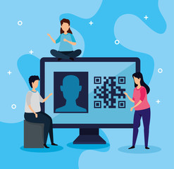 Poster - scan code qr with computer and business people vector illustration design