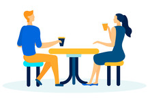 Friends Or Coworkers Having Coffee Break Cartoon. Flat Vector Man And Woman Characters Sitting At Table, Talking And Drinking Takeaway Hot Beverage In Cardboard Cup. Isolated Illustration