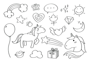  Cute doodle pony unicorn cartoon icons and objects.
