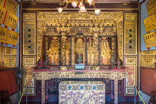 Altar With Ancestral Tablets Inside The Khoo Kongsi, A Large Chinese Clanhouse With Elaborate And Highly Ornamented Architecture And One Main Attraction Of Penang