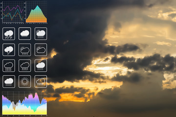 Wall Mural - weather forecast symbol data presentation with graph and chart on tropical storm background.dramatic